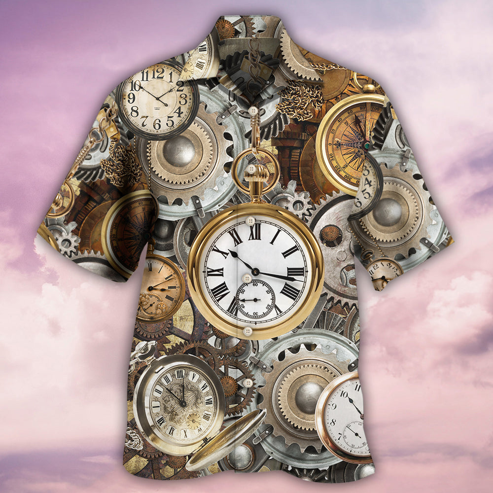 Vintage Watch Pocket Hawaiian Shirt Artwork Detail For Resort Trips And Outdoor Activities