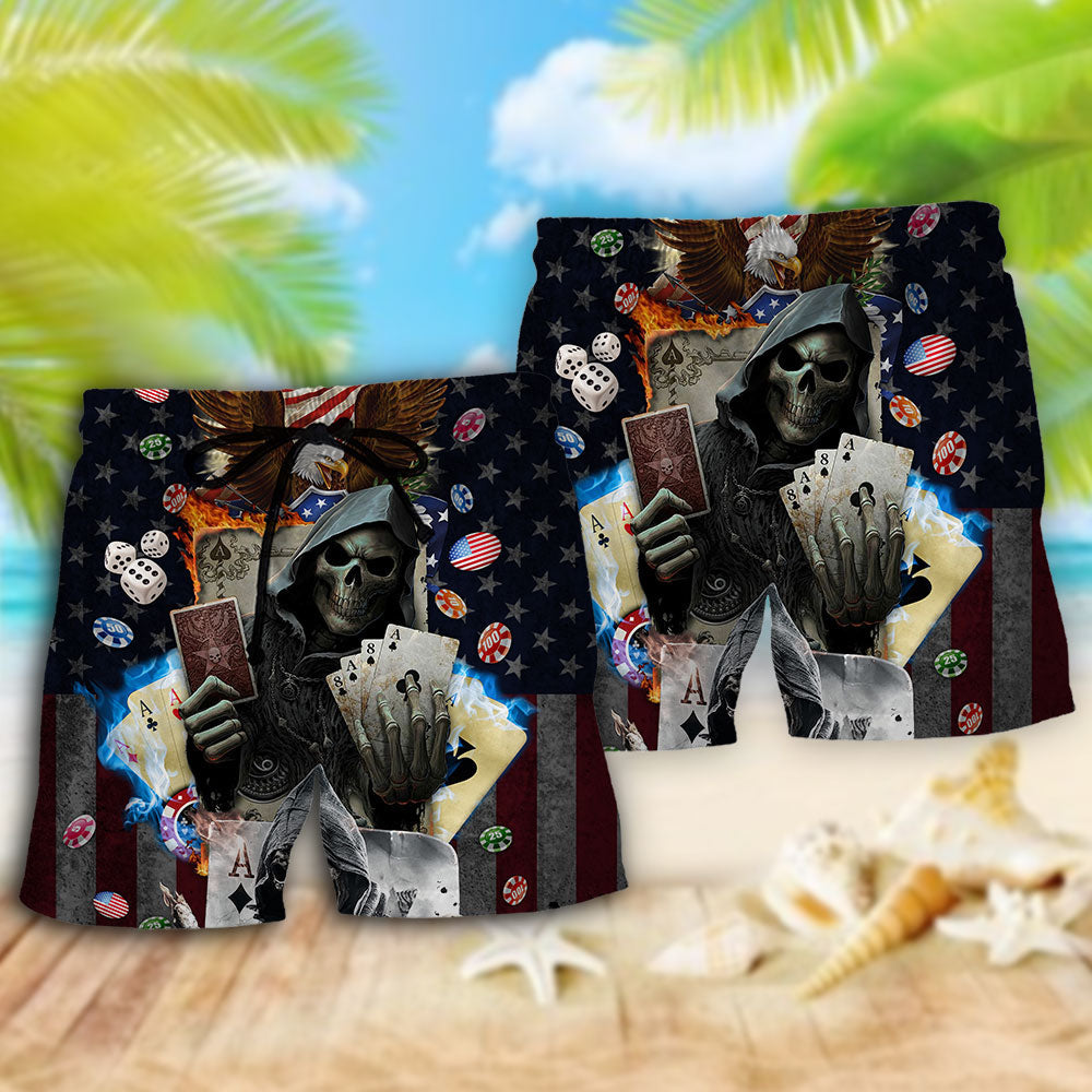 Poker Skull Flame USA Flag Beach Shorts Artwork View For Seaside Trips And Casual Style
