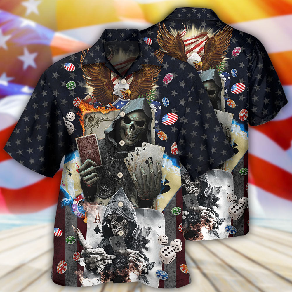 Patriotic Poker Skull Flame Hawaiian Shirt For Resort Trips, Coastal Parties, And Warm Weather Style
