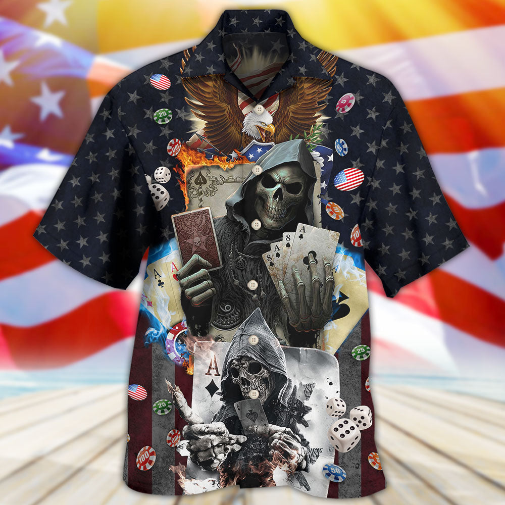 Game Card Skull Flame US Flag Independence Hawaiian Shirt Pattern Detail For Summer Holidays And Outdoor Fun