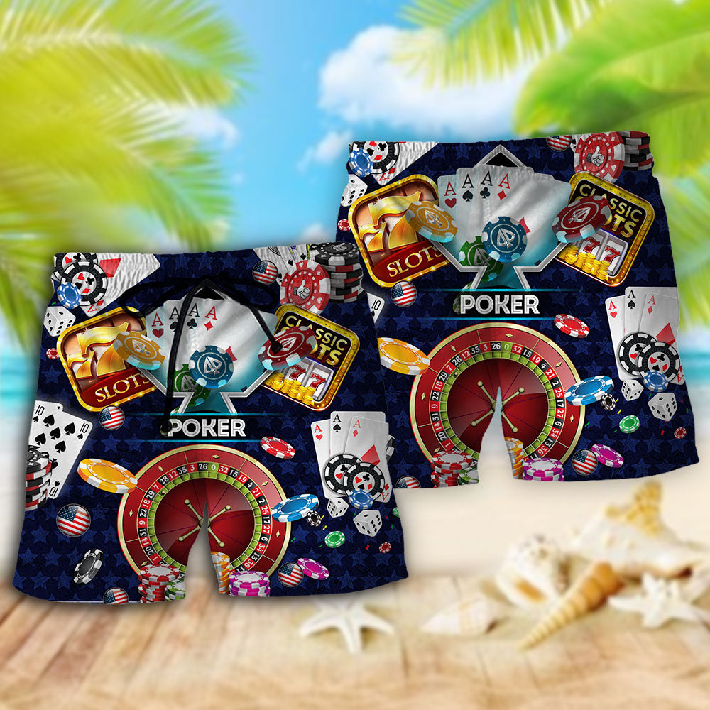 Poker US Flag Independence Day Beach Shorts For Summer Vacation And Coastal Travel