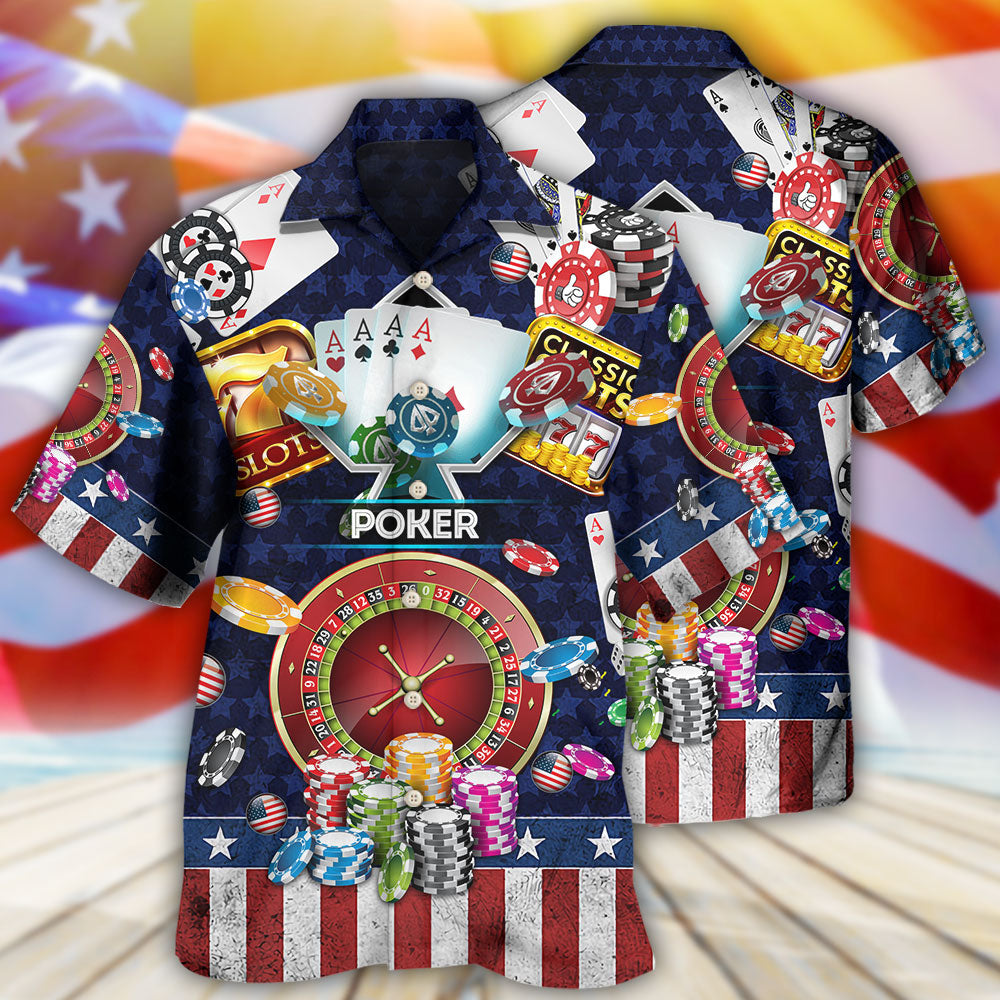 Game Card US Flag Independence Day Hawaiian Shirt Pattern View For Relaxed Warm Weather Outfits