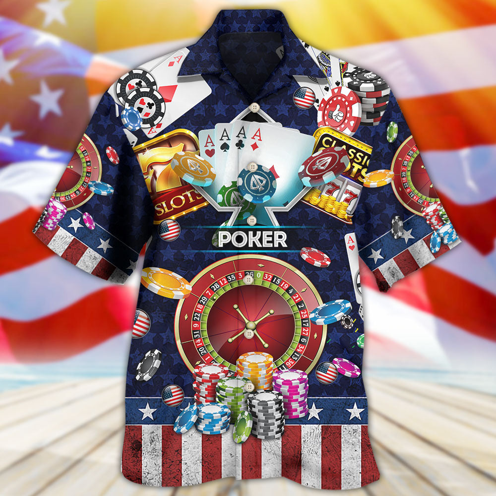 Game Card US Flag Independence Day Hawaiian Shirt For Summer Vacation And Beach Travel