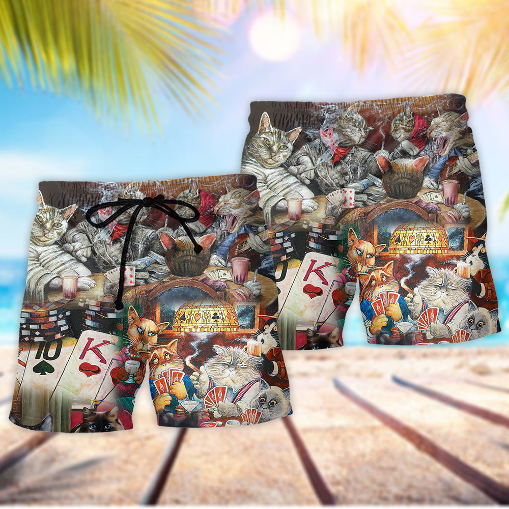 Cat Playing Poker Beach Shorts Pattern Detail For Sunny Day Activities And Comfortable Resort Style
