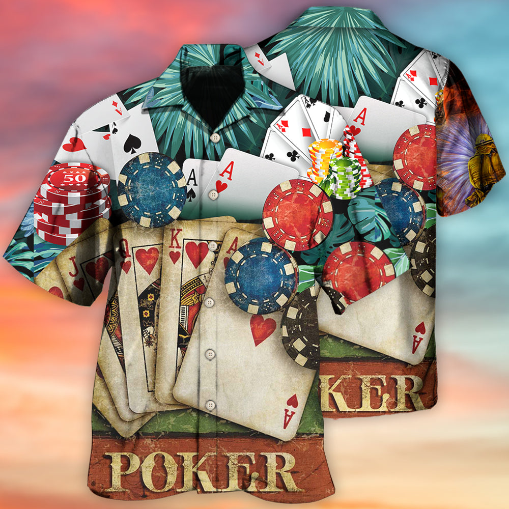 Tropical Poker Cards Leaf Pattern Hawaiian Shirt For Summer Vacation, Beach Travel, And Casual Wear