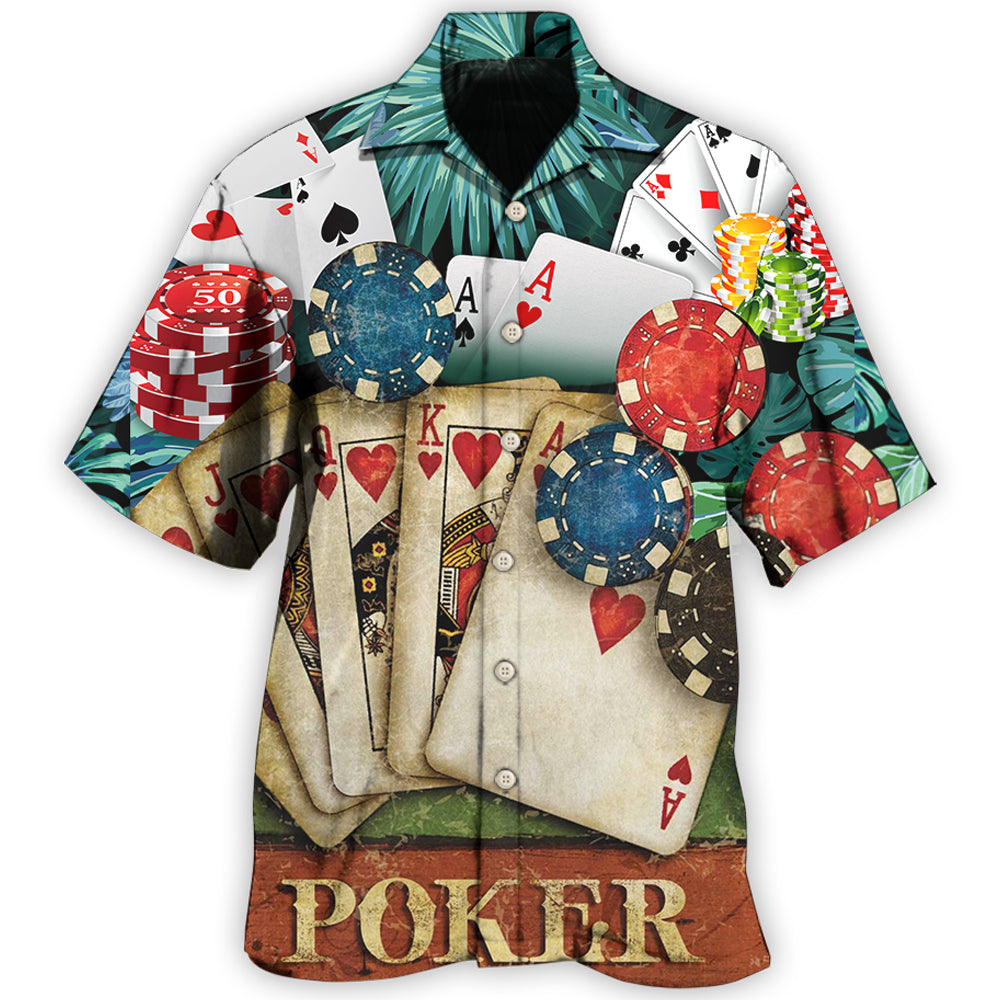 Tropical Poker Cards Leaf Pattern Hawaiian Shirt For Summer Vacation, Beach Travel, And Casual Wear