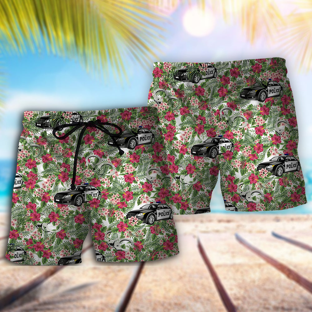 Police Car Floral Leaf Tropical Beach Shorts Design Detail For Resort And Beach Day Style