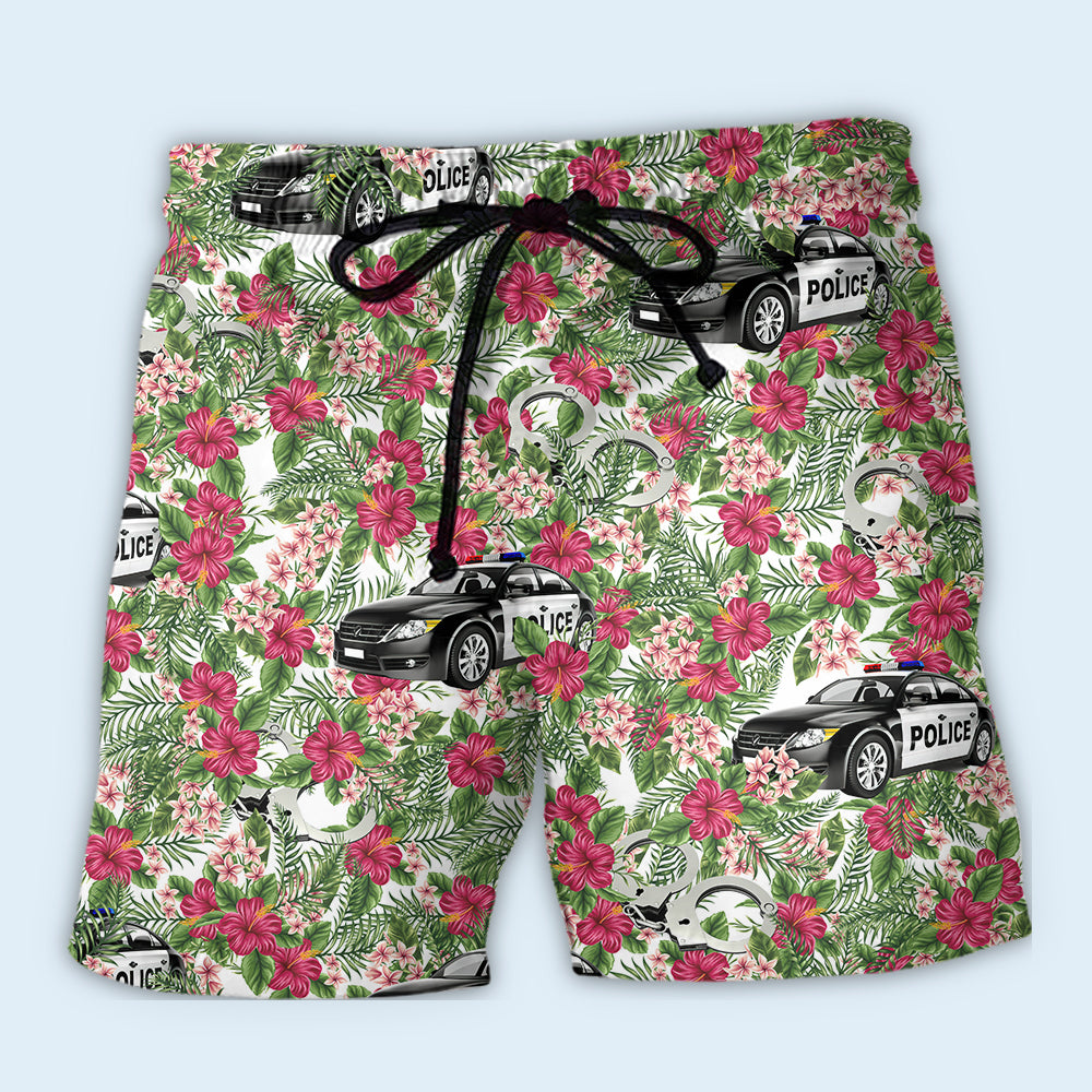 Police Car Floral Leaf Tropical Beach Shorts Pattern View For Relaxed Vacation Styling