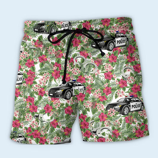 Police Car Floral Leaf Tropical Beach Shorts Pattern View For Relaxed Vacation Styling