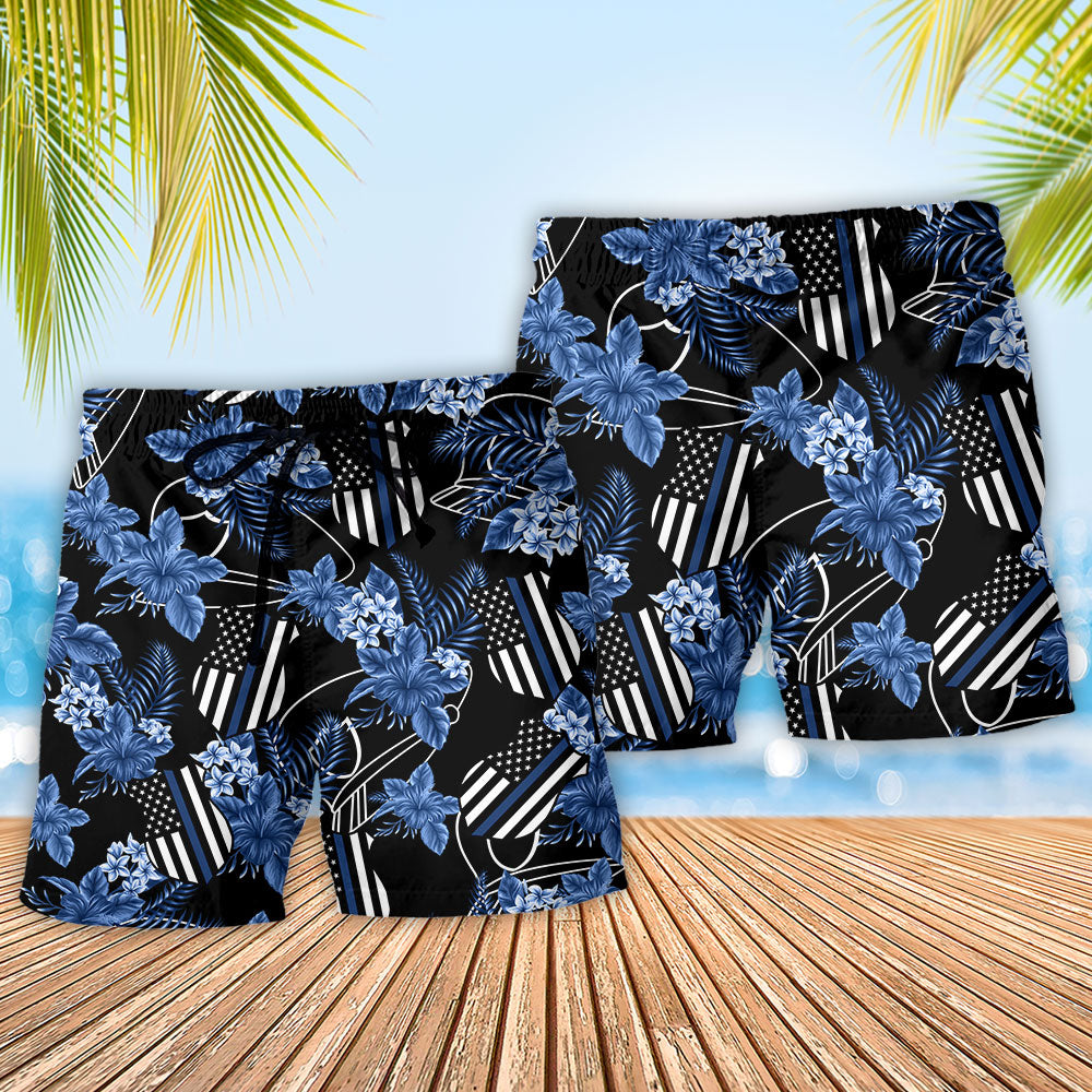 Police Blue Tropical Floral Leaf Beach Shorts Pattern Detail For Coastal Leisure And Lightweight Summer Style