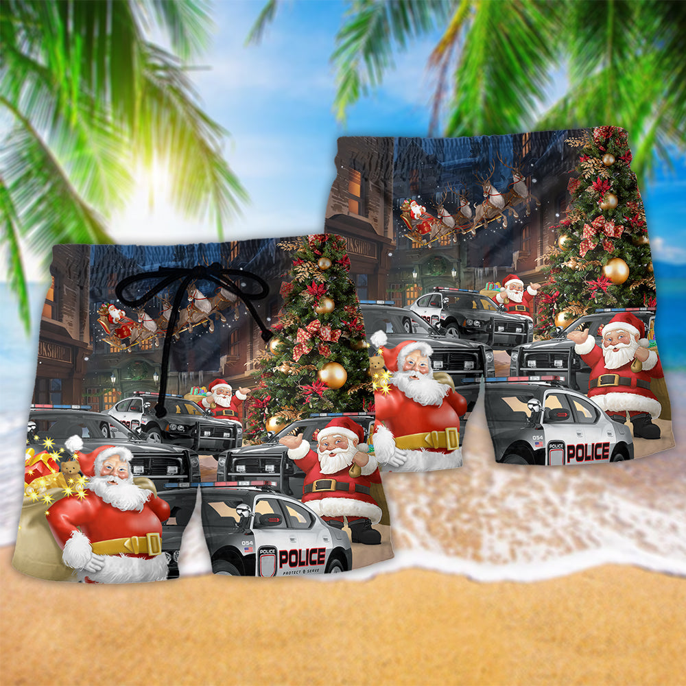 Police Car Santa Holiday Beach Shorts Graphic Detail For Resort Trips And Casual Outings