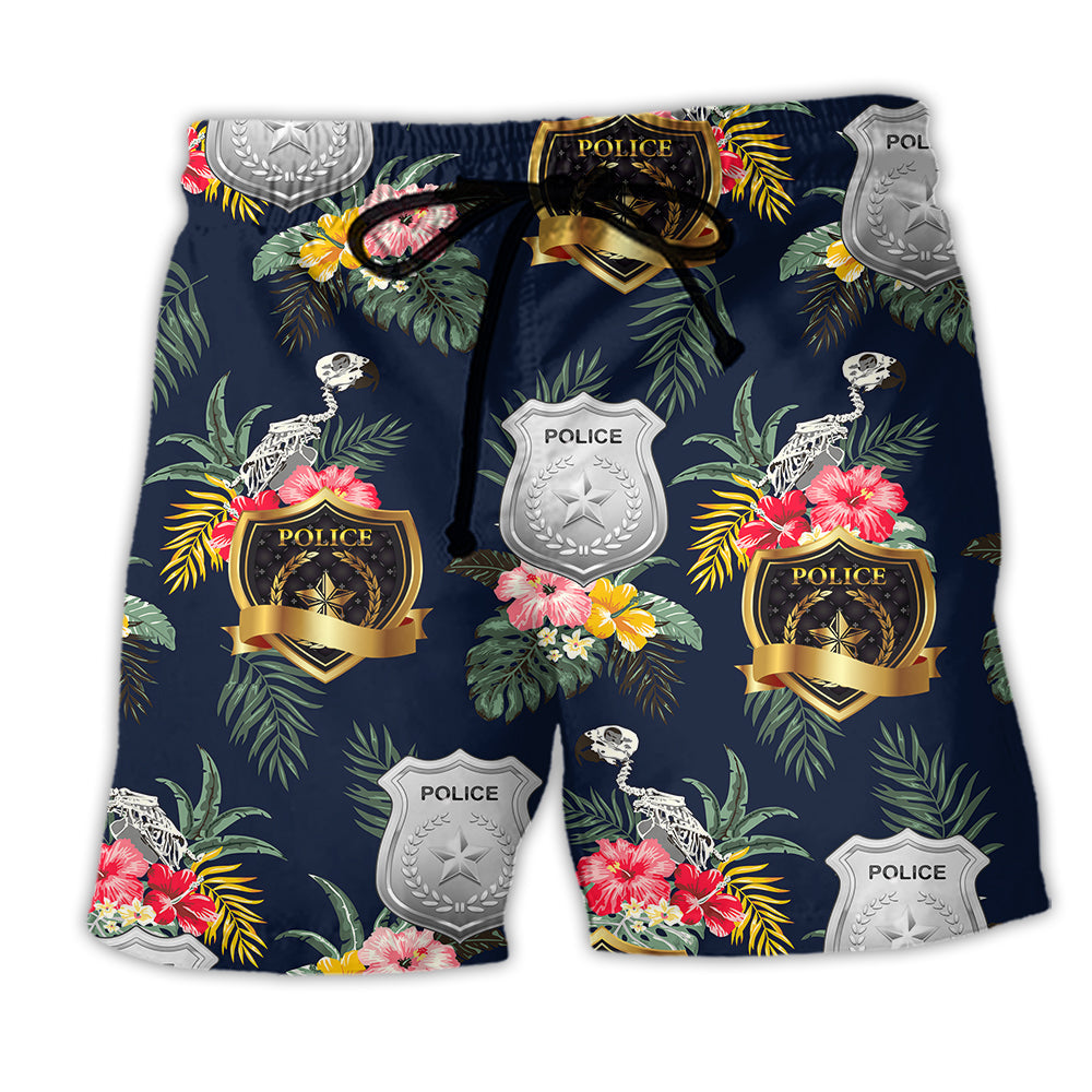 Police Symbol Tropical Floral Beach Shorts Pattern View For Island Getaways And Summer Trips