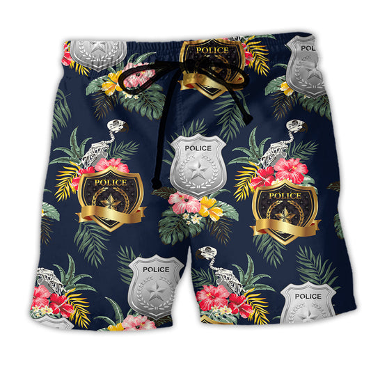 Tropical Floral Police Symbol Beach Shorts For Tropical Holidays And Laid Back Styling