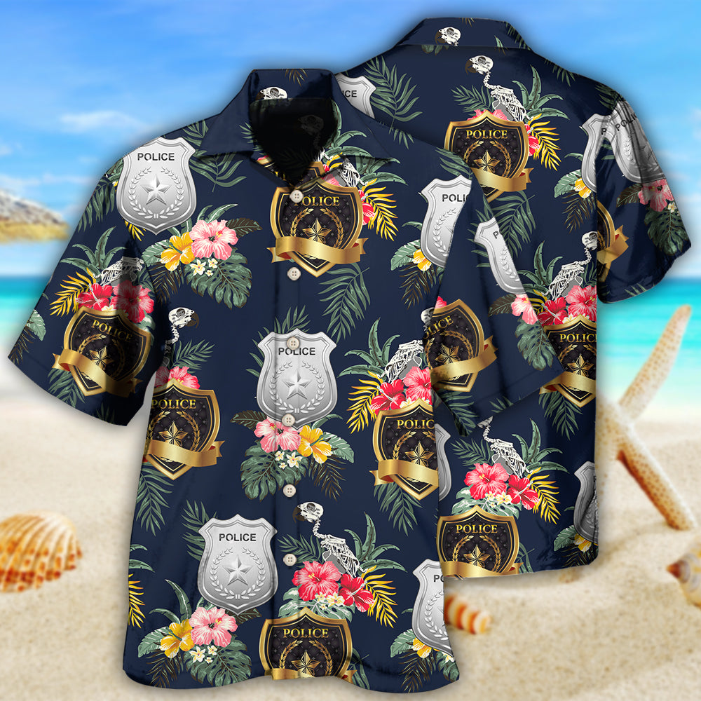 Floral Tropical Police Pattern Hawaiian Shirt For Summer Vacation, Beach Travel, And Casual Wear