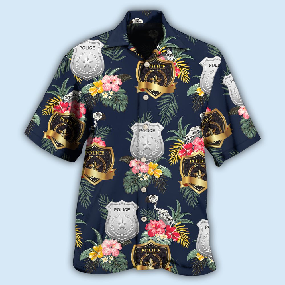 Floral Tropical Police Pattern Hawaiian Shirt For Summer Vacation, Beach Travel, And Casual Wear