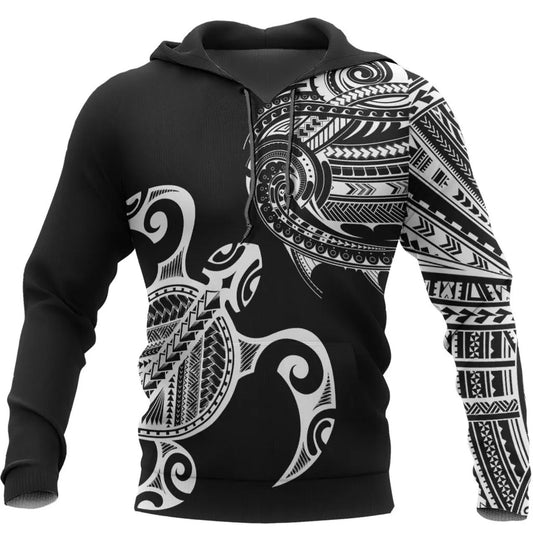 Black White Polynesian Turtle Hoodie For Beach Lovers Outdoor Activities And Thoughtful Gifts