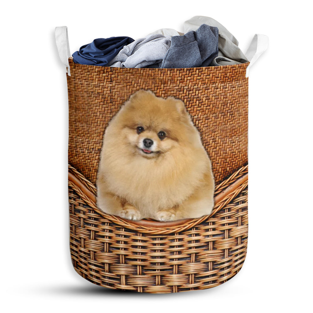 Pomeranian Dog Rattan Texture Laundry Basket For Bathroom Bedroom Storage