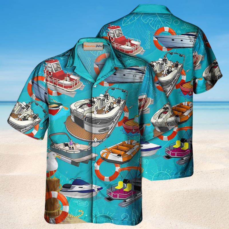 Summer Pontoon Hawaiian Shirt For Summer Vacation, Beach Travel, And Casual Wear