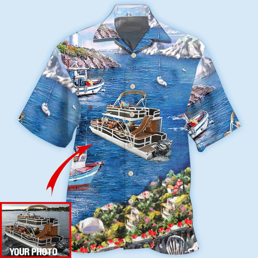 Pontoon Landscape Personalized Photo Hawaiian Shirt For Resort Trips, Coastal Parties, And Warm Weather Style
