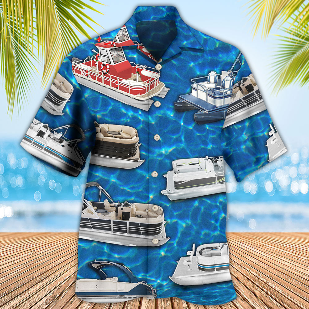 Blue Boat Pontoon Water Hawaiian Shirt For Summer Vacation And Beach Travel