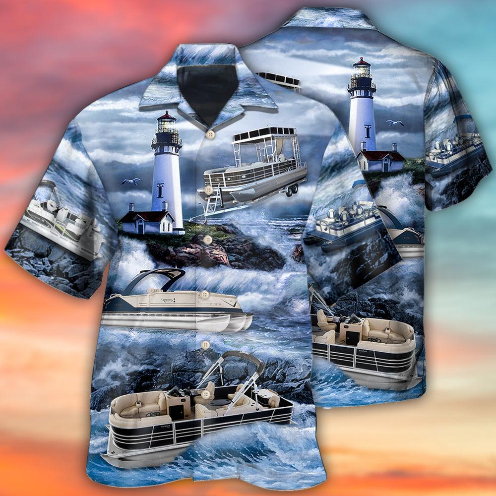 Boat Pontoon Lighthouse Hawaiian Shirt Artwork Detail For Tropical Trips And Casual Outings