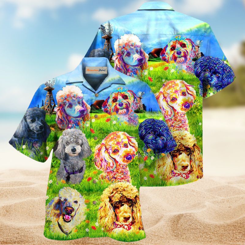 Poodles Grass Field Hawaiian Shirt For Summer Vacation, Beach Travel, And Casual Wear