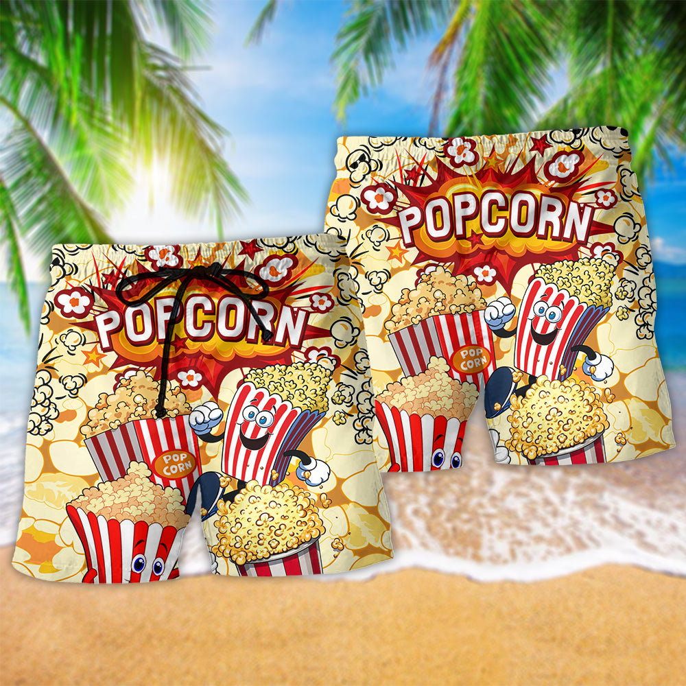 Popcorn Always The Answer Beach Shorts Artwork Detail For Casual Warm Weather Outfits