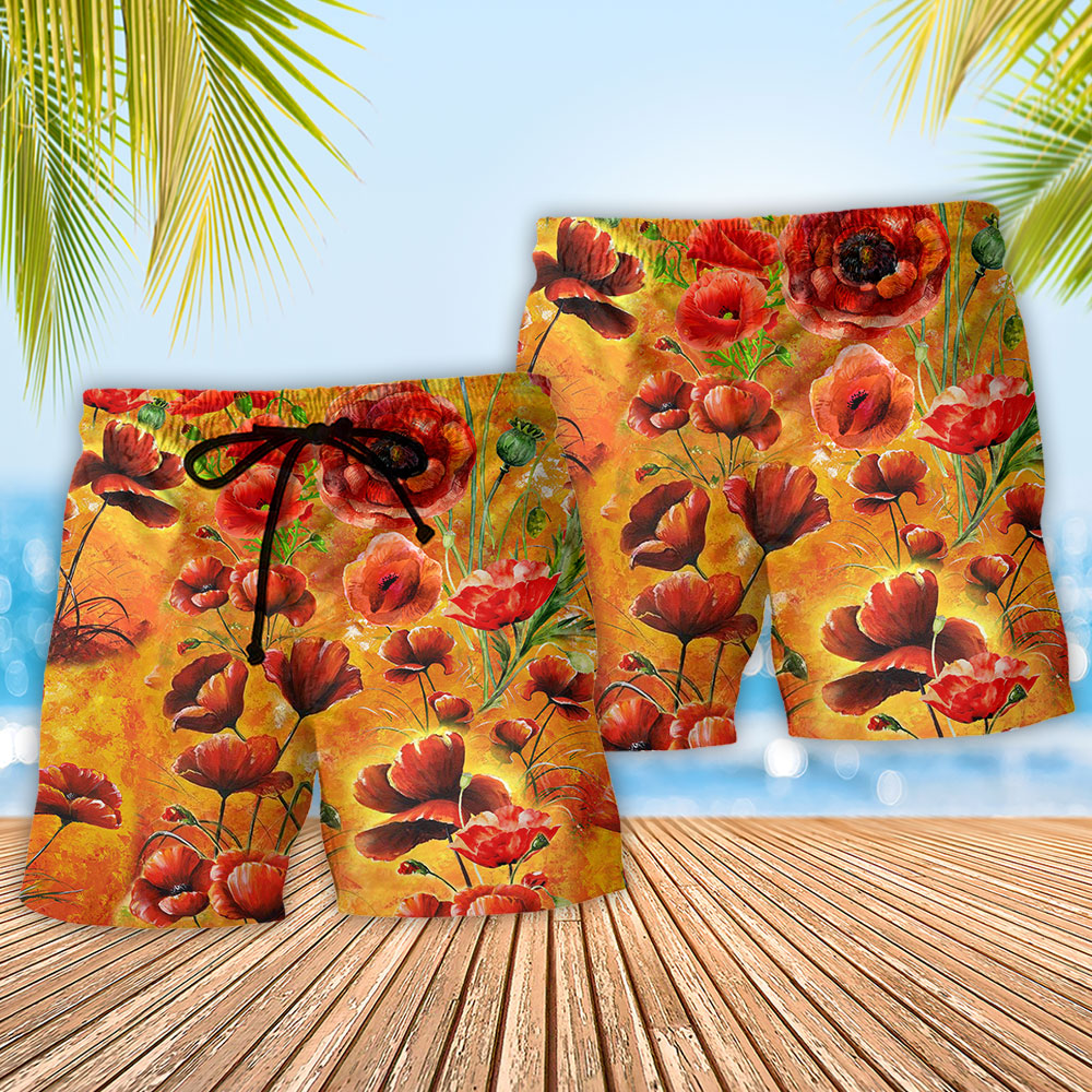 Poppies Remembrance Floral Beach Shorts For Sunny Holidays And Comfortable Daily Styling