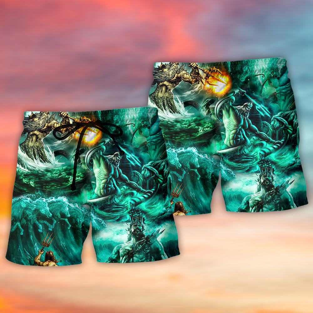 Mythic Sea God Ocean Power Beach Shorts Pattern View For Coastal Holidays And Casual Activities