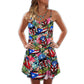 Skull Puerto Rico Tropical Floral V-Neck Sleeveless Cami Dress For Travel And Expressive Warm Weather Fashion