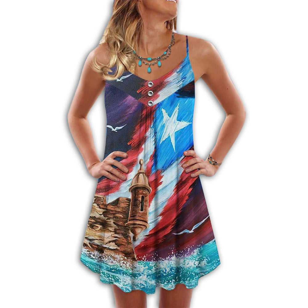 Beach Puerto Rico Flag V-Neck Sleeveless Cami Dress For Beach Festivals And Comfortable Summer Outfits