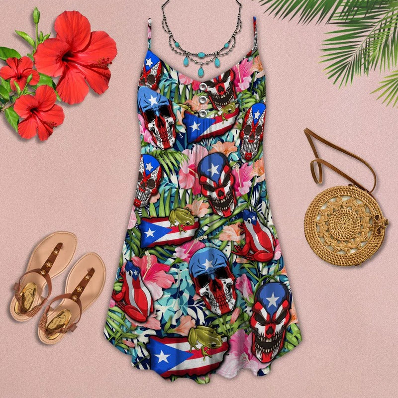 Skull Puerto Rico Tropical Floral V-Neck Sleeveless Cami Dress For Travel And Expressive Warm Weather Fashion