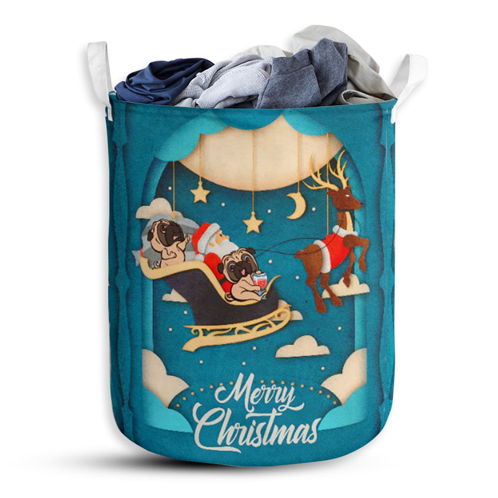 Pug And Santa Laundry Basket For Bathroom Bedroom Storage