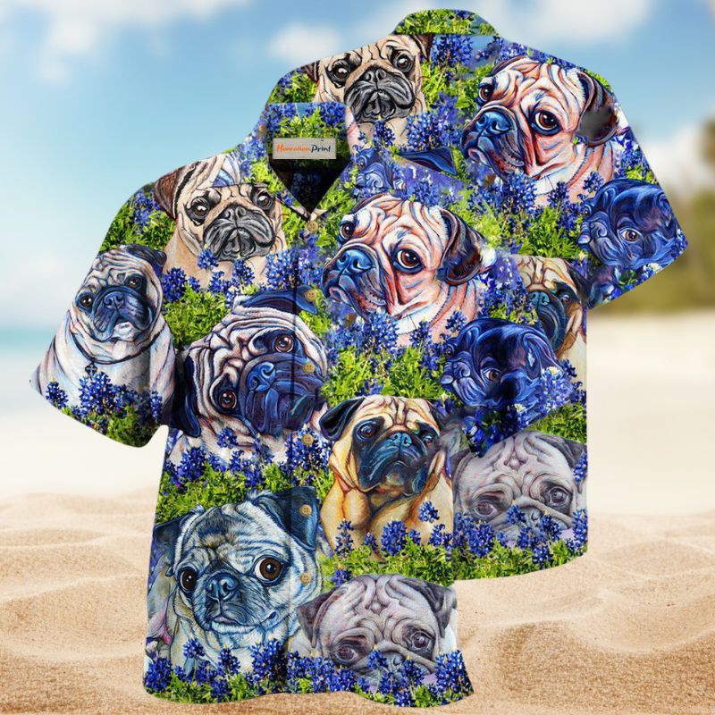 Pug Bluebonnet Hawaiian Shirt For Island Vacations, Resort Wear, And Relaxed Seasonal Style