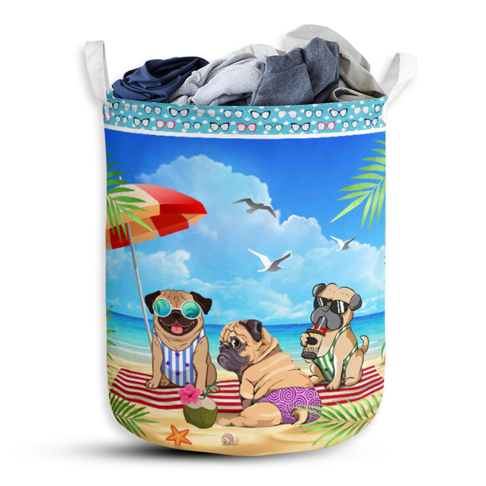 Pug Dog And Beach Summer Laundry Basket For Bathroom Bedroom Storage