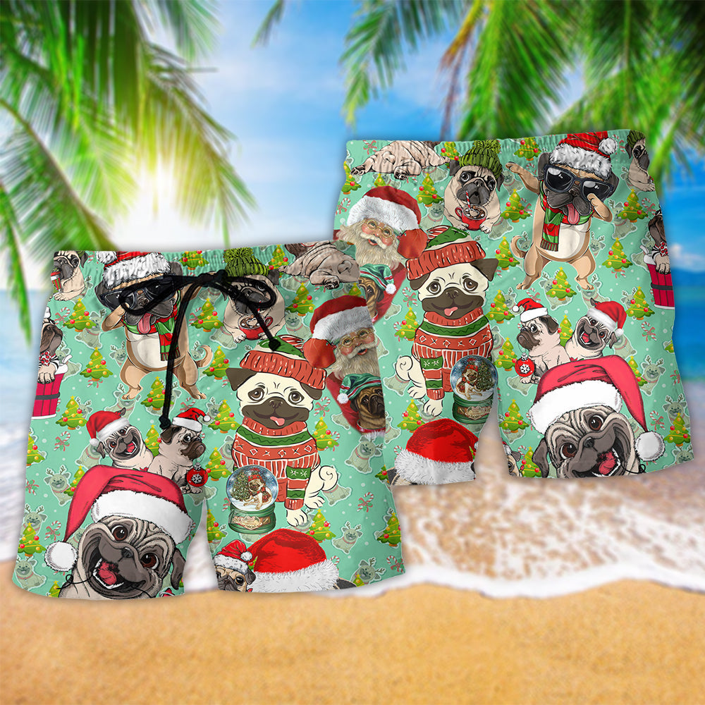 Pug Dog Merry Pugmas Christmas Beach Shorts Pattern Detail For Summer Adventures And Distinctive Seasonal Style