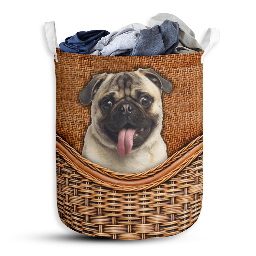 Pug Dog Rattan Texture Laundry Basket For Bathroom Bedroom Storage