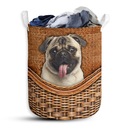 Pug Dog Rattan Texture Laundry Basket For Bathroom Bedroom Storage