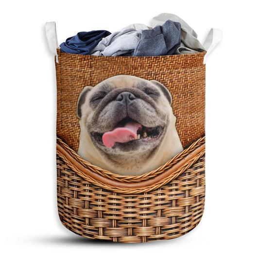 Pug Dog Rattan Texture So Cute Laundry Basket For Bathroom Bedroom Storage