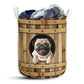 Pug Dog Wooden Barrel Laundry Basket For Bathroom Bedroom Storage