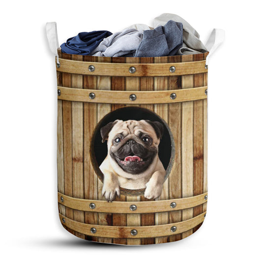 Pug Dog Wooden Barrel Laundry Basket For Bathroom Bedroom Storage