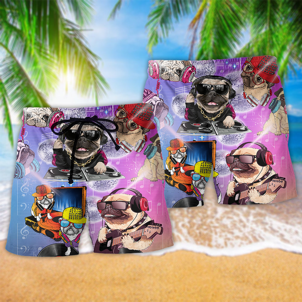 Pug Dog Music Feeling Beach Shorts Pattern Detail For Coastal Leisure And Flexible Everyday Wear