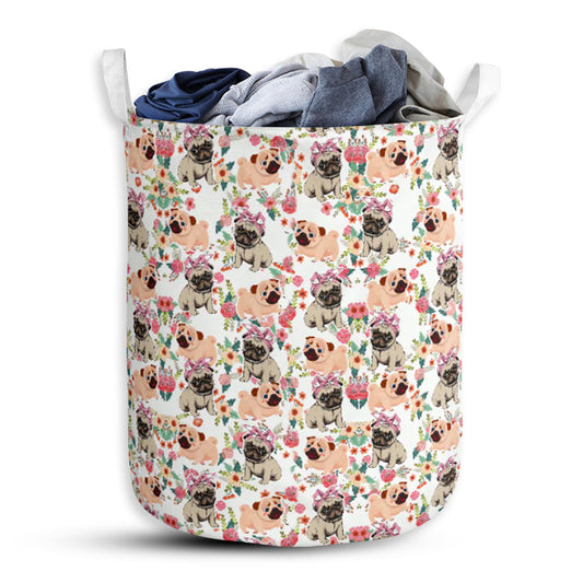 Pug Flower Pattern Laundry Basket For Bathroom Bedroom Storage