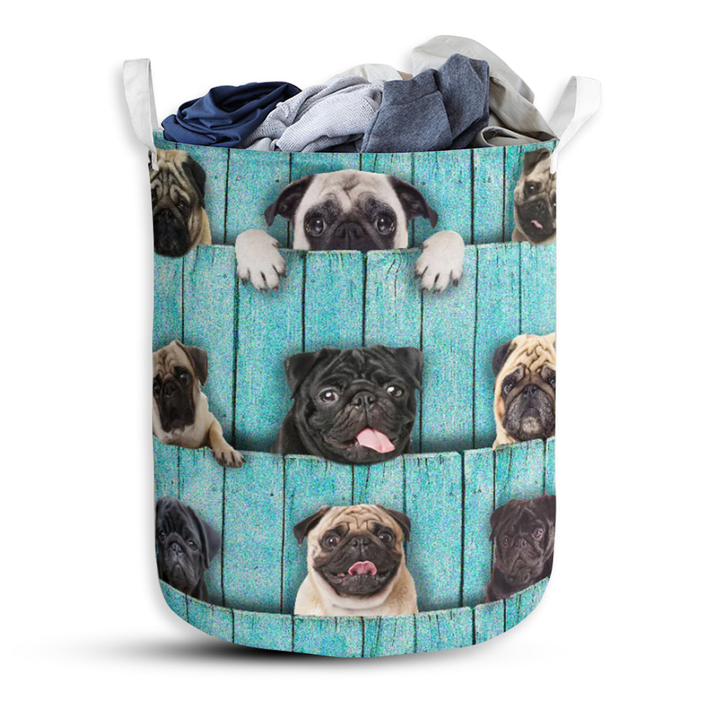 Pug Wood Blue Laundry Basket For Bathroom Bedroom Storage