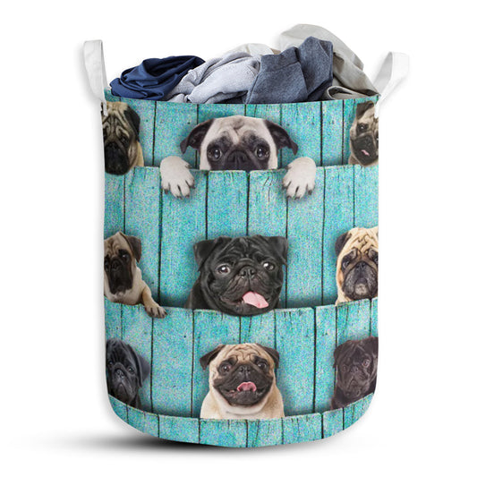 Pug Wood Blue Laundry Basket For Bathroom Bedroom Storage