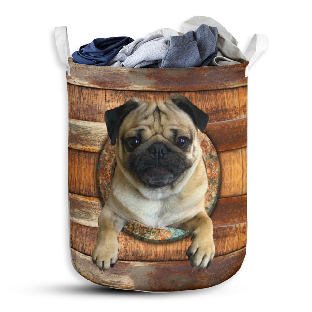 Pug Wood Vintage Laundry Basket For Bathroom Bedroom Storage