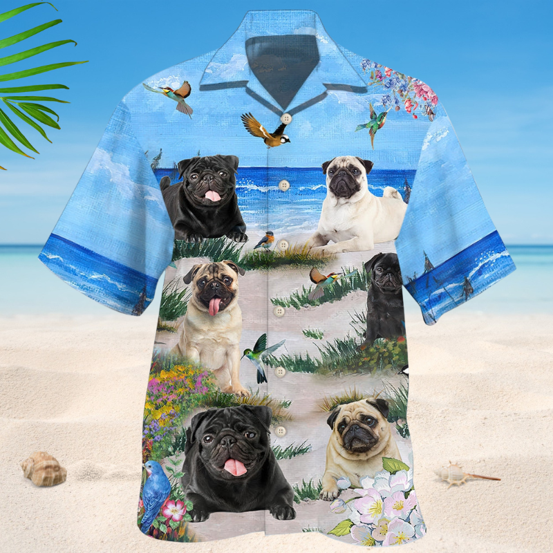 Summer Pug Blue Beach Hawaiian Shirt For Tropical Holidays, Outdoor Gatherings, And Everyday Comfort