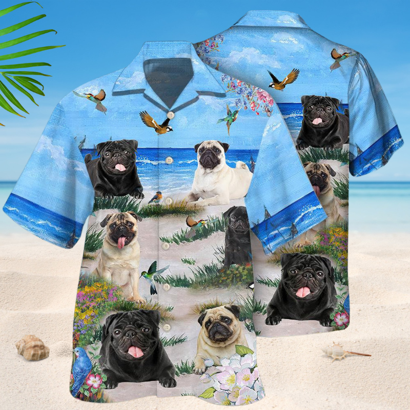 Summer Pug Blue Beach Hawaiian Shirt For Tropical Holidays, Outdoor Gatherings, And Everyday Comfort