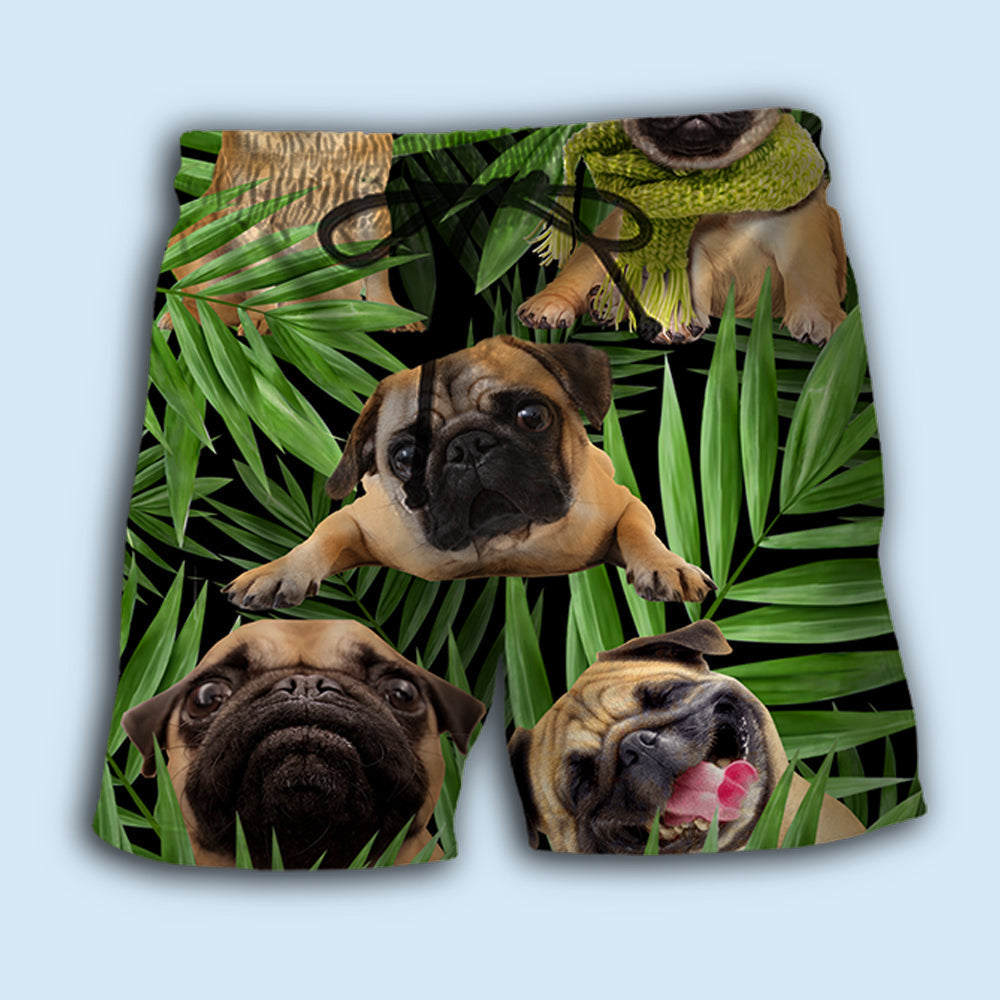 Pug Humor Tropical Leaf Beach Shorts Artwork Detail For Casual Warm Weather Outfits