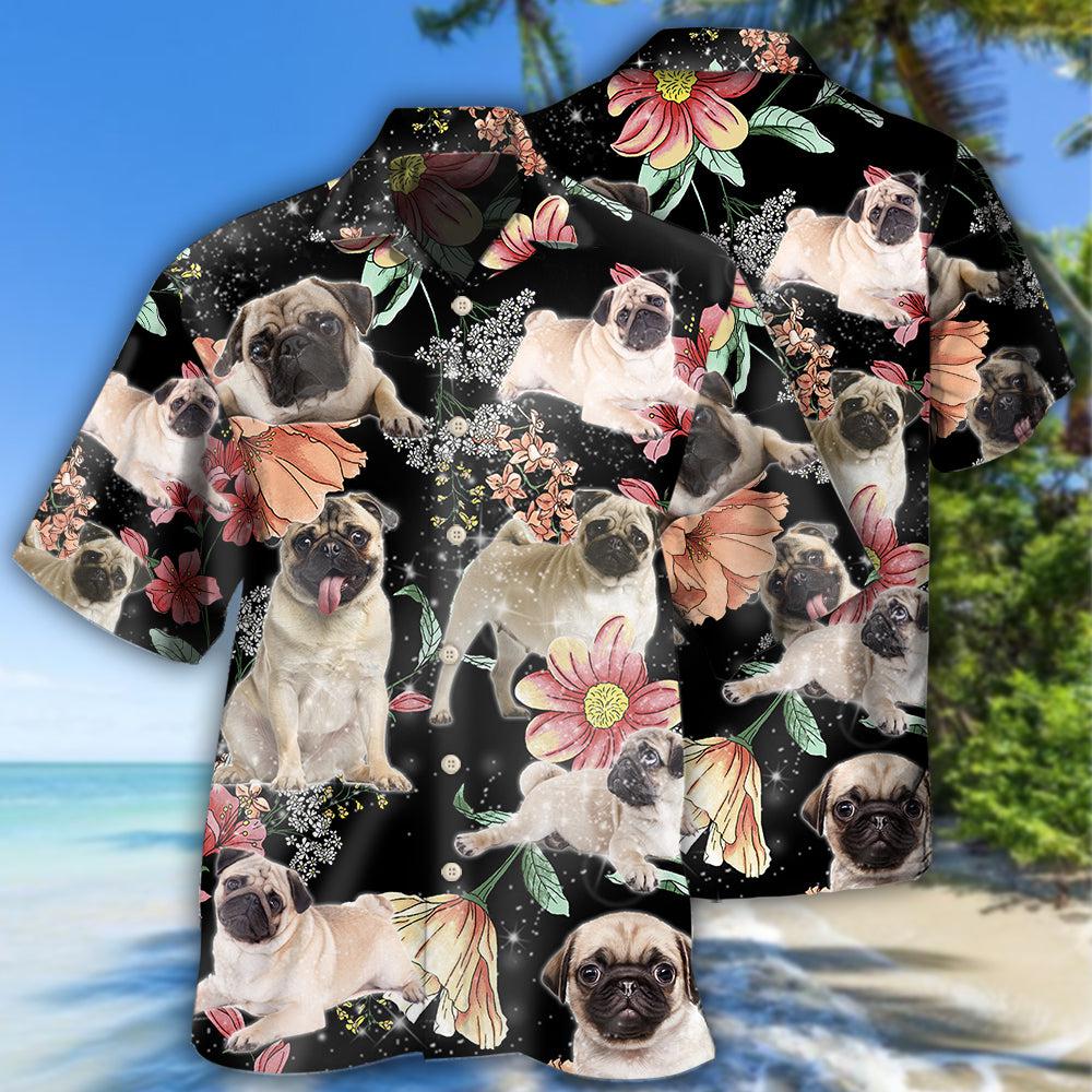 Tropical Floral Pug Hawaiian Shirt With Detailed Graphic For Vacation Getaways Resort Wear And Casual Celebrations
